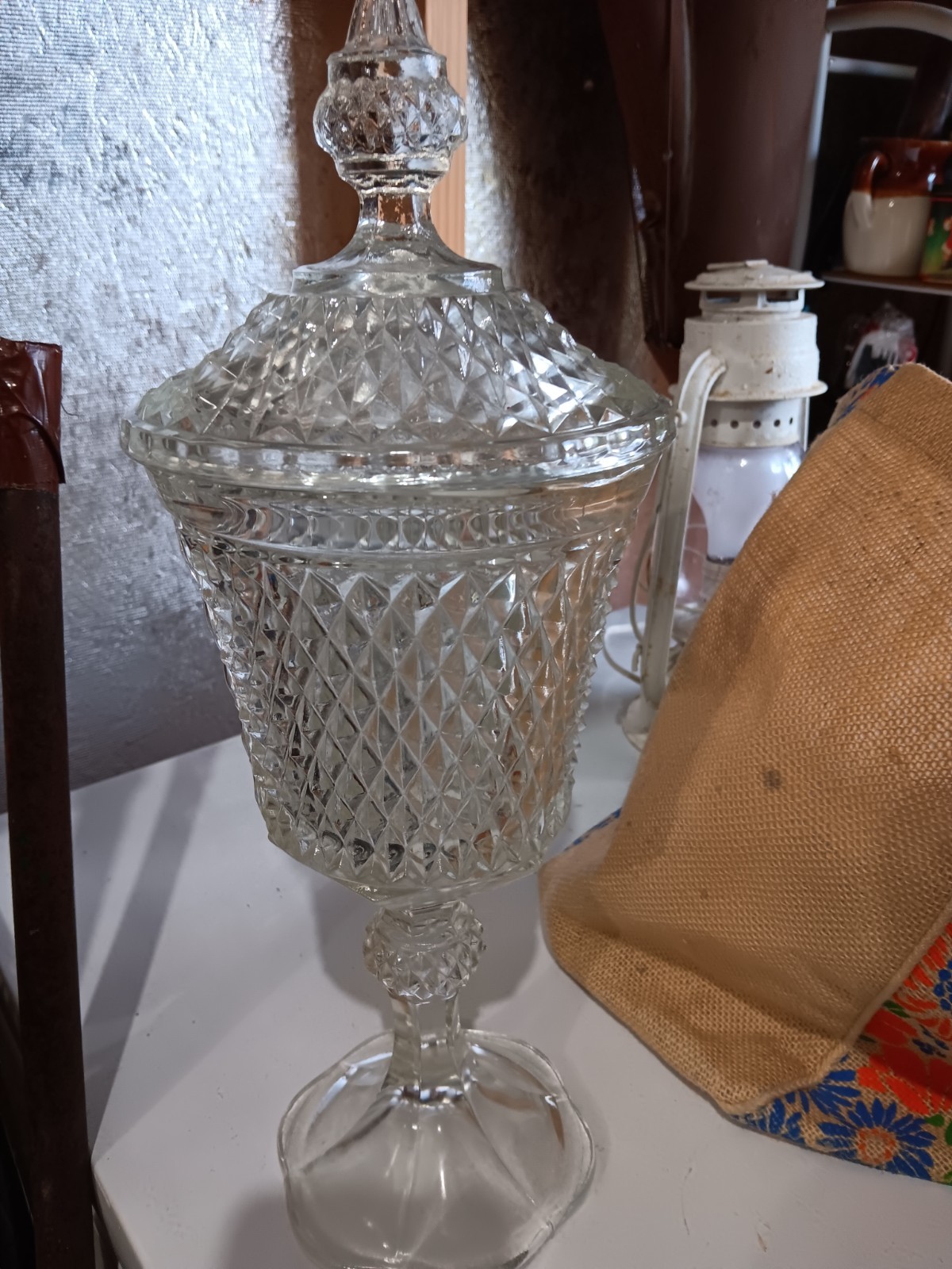 Vintage Indiana Clear Glass Tall Diamond Point Apothecary Jar Dish EUC