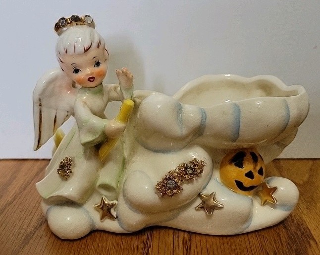 Vintage 1957 Lefton October Angel with Jack O'Lantern Planter #165 **READ** Vintage 1957 Lefton October Angel with Jack O'Lantern Planter #165 **READ**