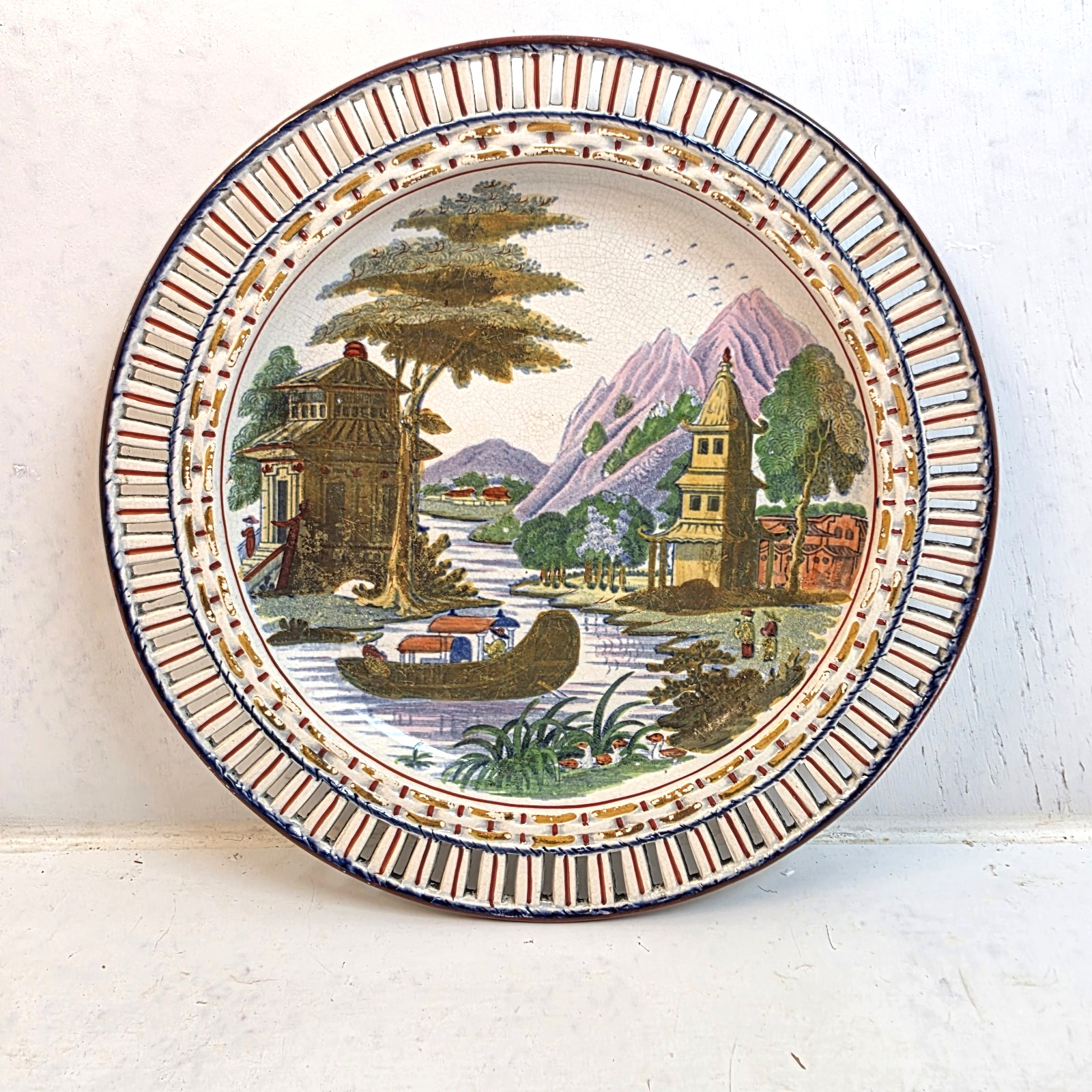 Antique 19thC Chinoiserie Reticulated Plate Hand Painted Faience Earthenware 5 Antique 19thC Chinoiserie Reticulated Plate Hand Painted Faience Earthenware 5