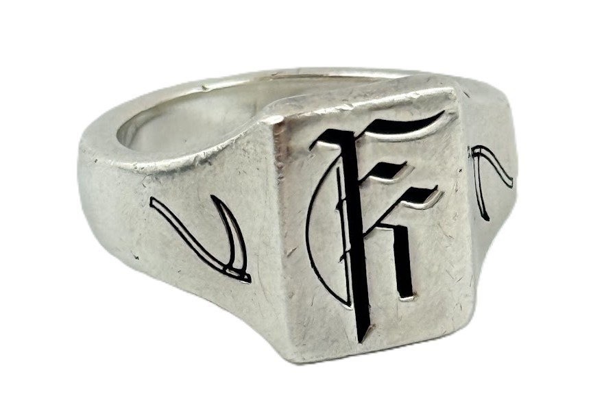 925 Sterling Silver Gothic Initial F Signet Ring Scythe Grim Reaper Sz 9.5 Mens