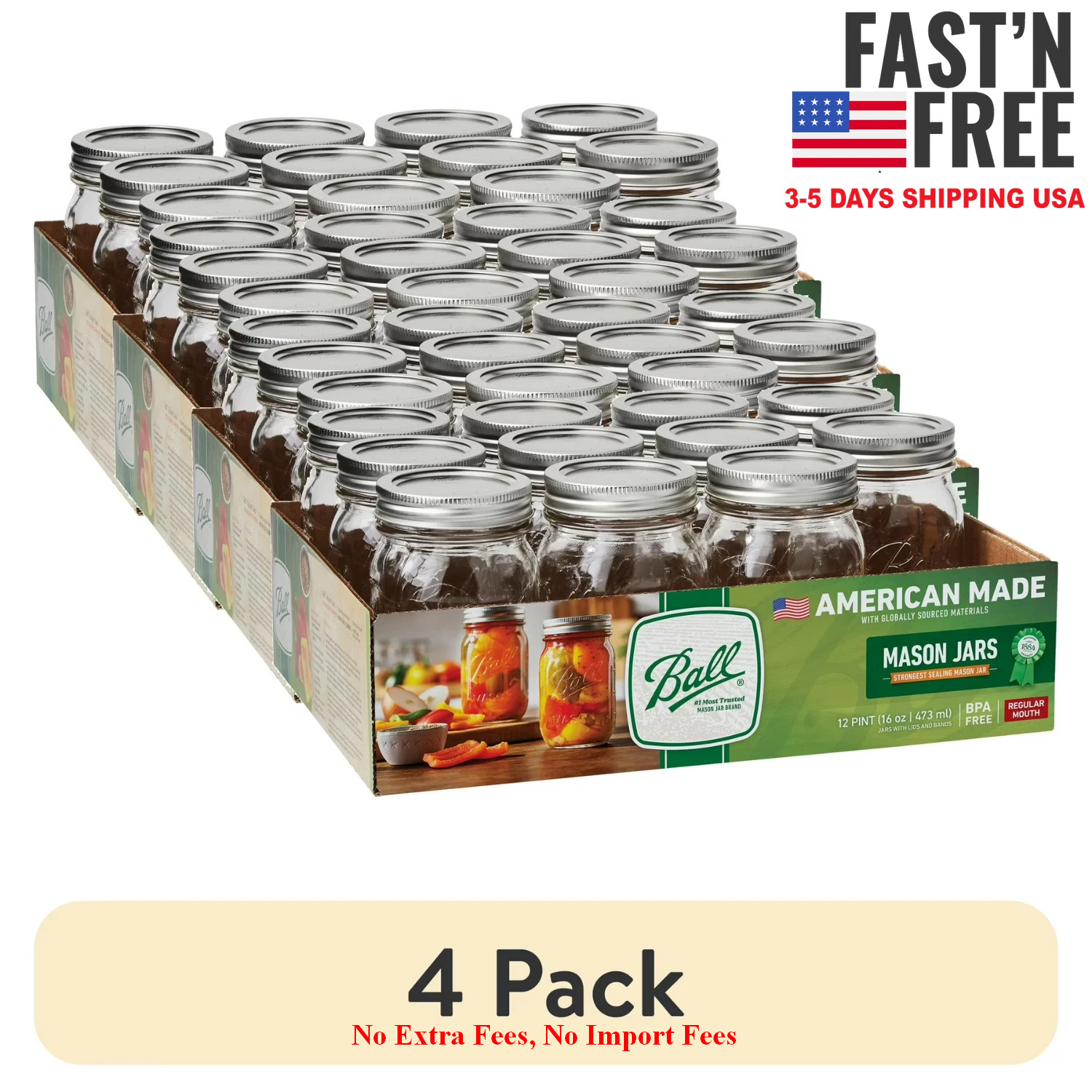 48-Pack 16 Oz Mason Jars, Regular Mouth Pint Canning Jars with Lids and Rings