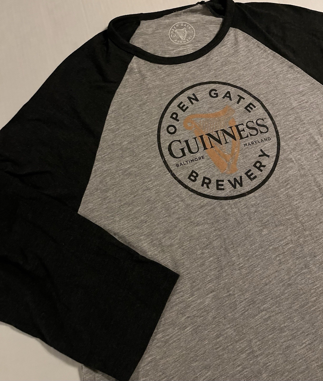 Guinness Beer Open Gate Brewery Baltimore Maryland 3/4 Sleeve Raglan T-Shirt XL 