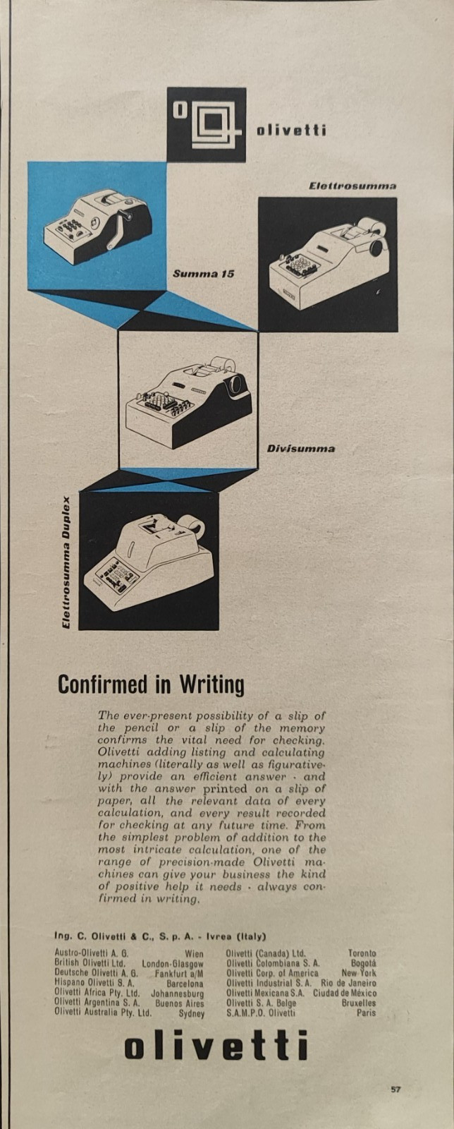 Olivetti Advertising Calculator Summa 15 Divisumma 1 Page 1956 Original