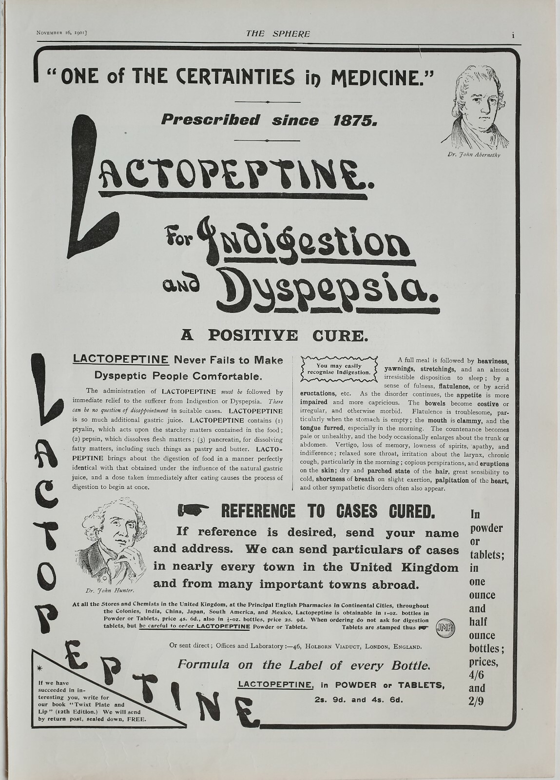 1901 PRINT ADVERT ADVERTISEMENT LACTOPEPTINE POWDER TABLETS