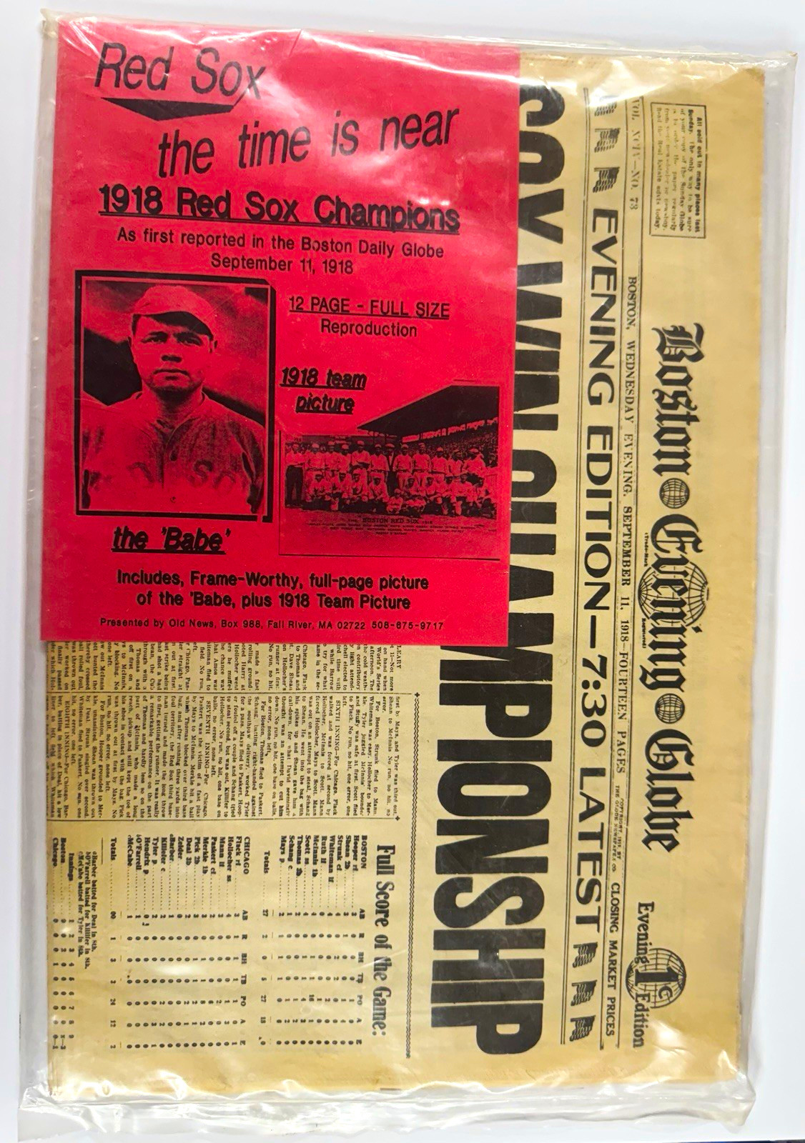 Boston Globe Sept 11 1918 BABE RUTH Red Sox Champions Newspaper Reprint Sealed
