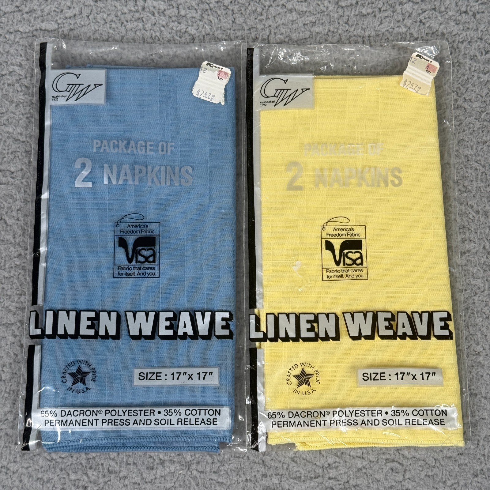Vintage GW Linen Weave Napkins Set of 4 Blue Yellow 17x17 Dacron Cotton NOS USA