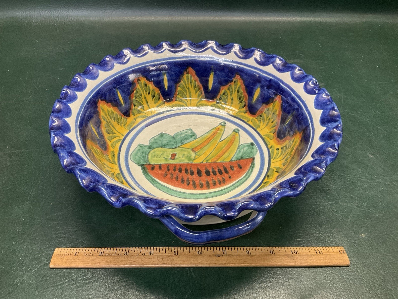 Vtg Dolores Hidalgo GTO Mexico Amora Pottery Terracotta Large Bowl w/ Handles