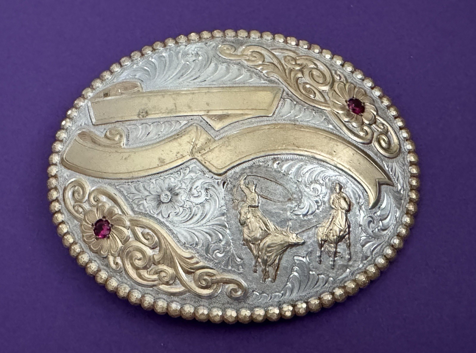 VTG 3 Banner Premium Crumrine Gary Gist Signature HUGE Roping Trophy Belt Buckle