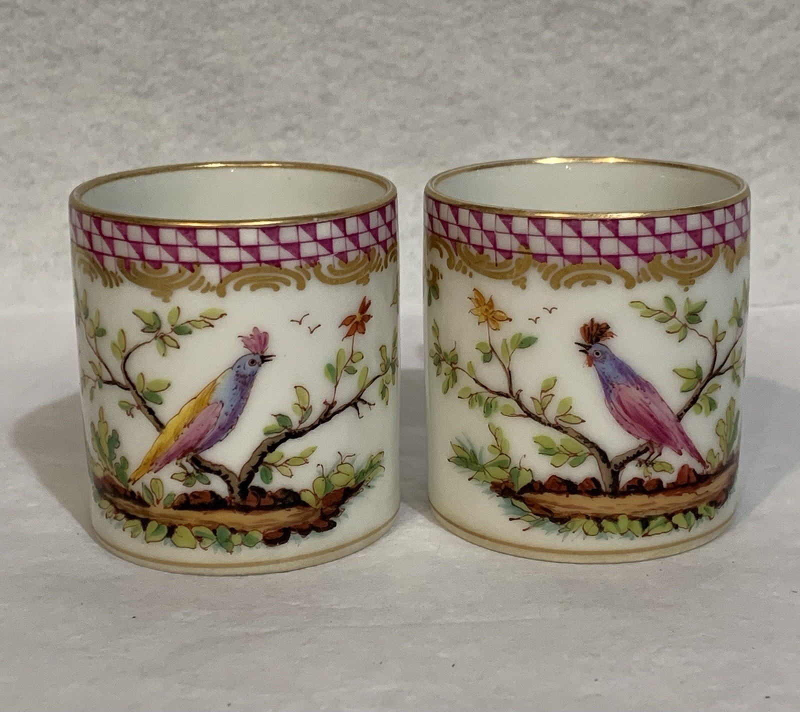 2 Antique Porcelain Coffee Can Cups Handpainted Birds Pink Lattice Sevre Style 2 Antique Porcelain Coffee Can Cups Handpainted Birds Pink Lattice Sevre Style