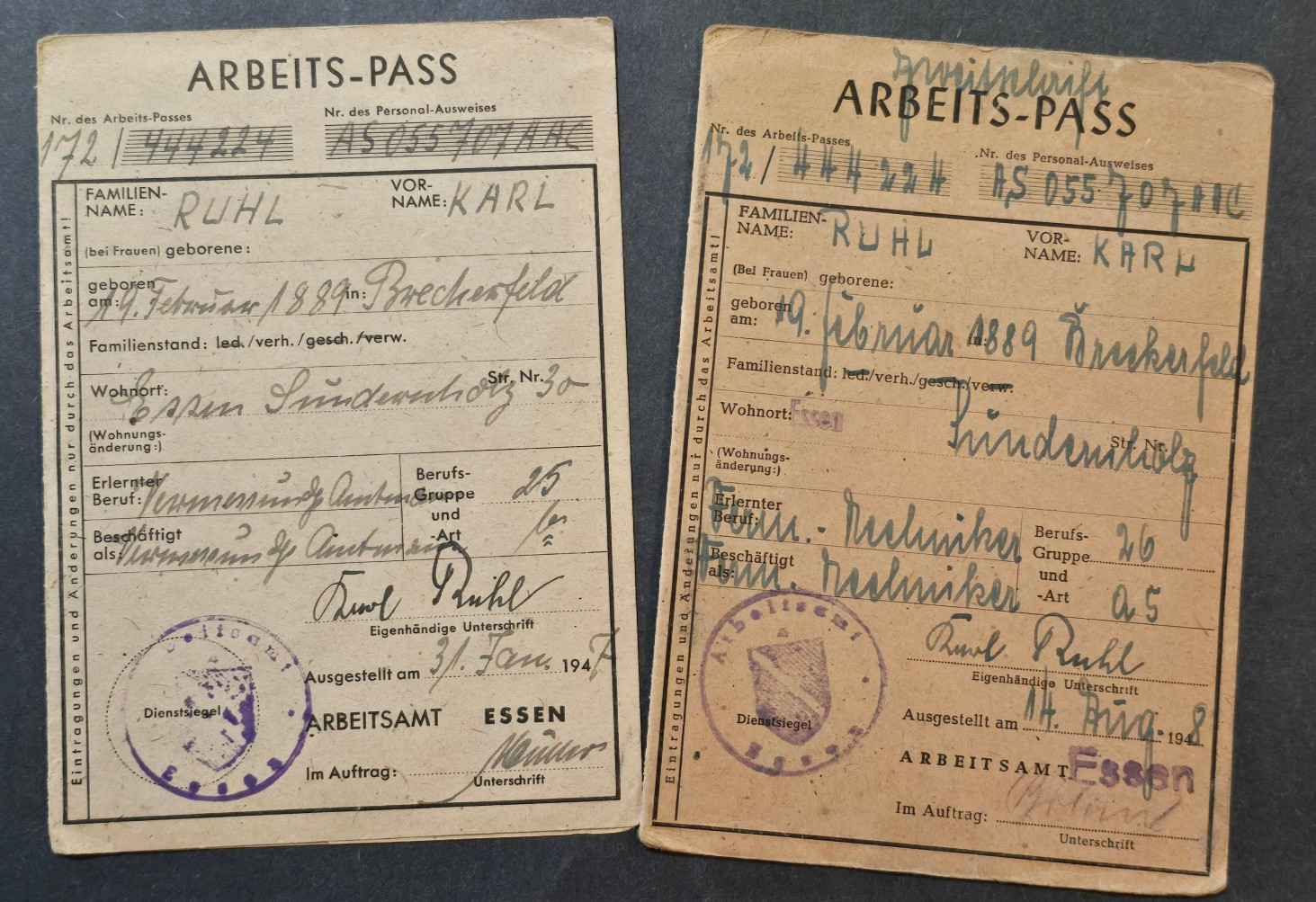 Postwar German Arbeits-Pass Lot of 2 Labor Pass Books Essen Ruhr Region 1947-48