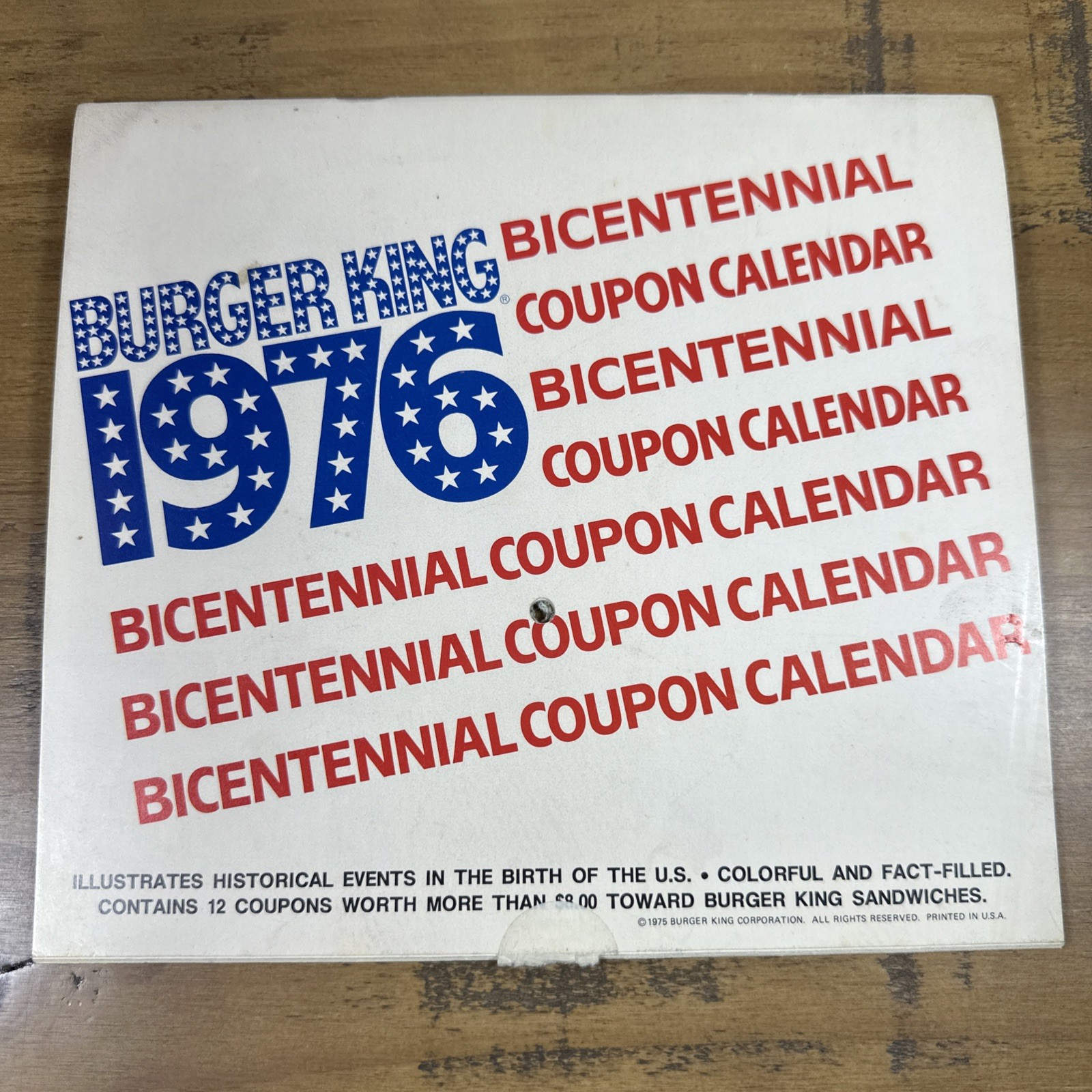 Vintage 1976 Burger King Bicentennial Coupon Calendar Unused Coupons