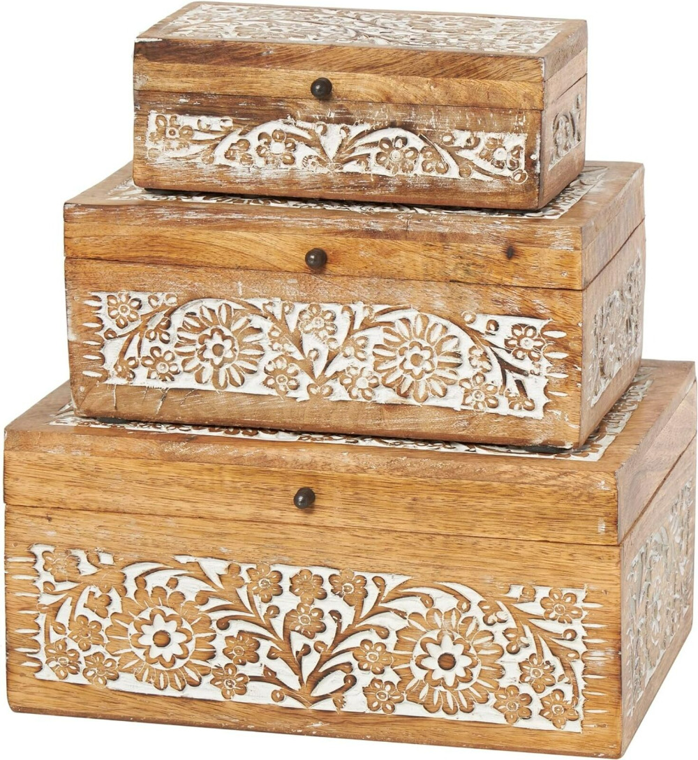 Mango Wood Floral Decorative Box Decorative Keepsake Boxes with Hinged Lid