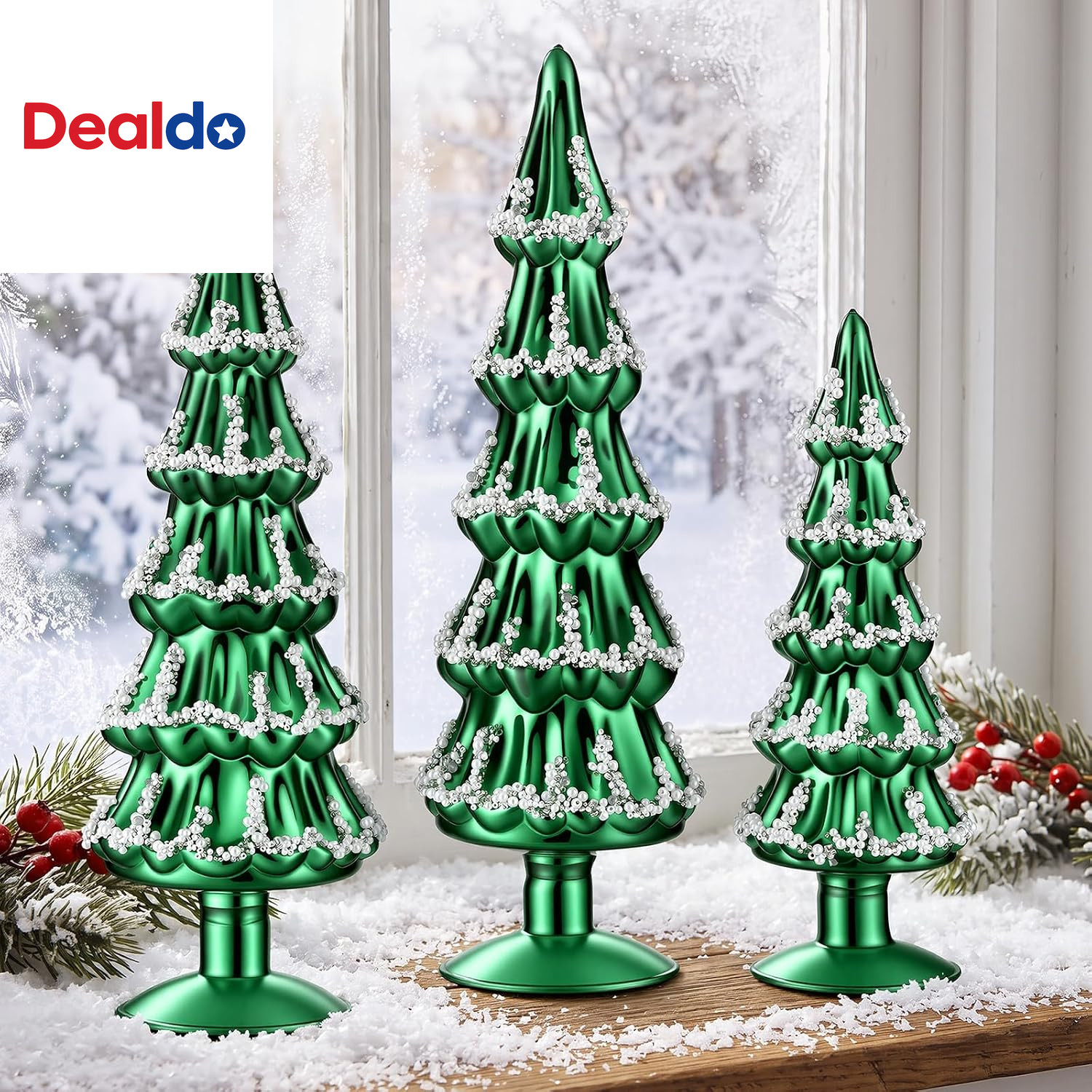 3 Pcs Green Glass Christmas Trees with Silver Pearl Trim 3 Pcs Green Glass Christmas Trees with Silver Pearl Trim