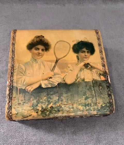 Vintage Victorian Celluloid Top Dresser Box with Female Tennis Players in 1920\'s