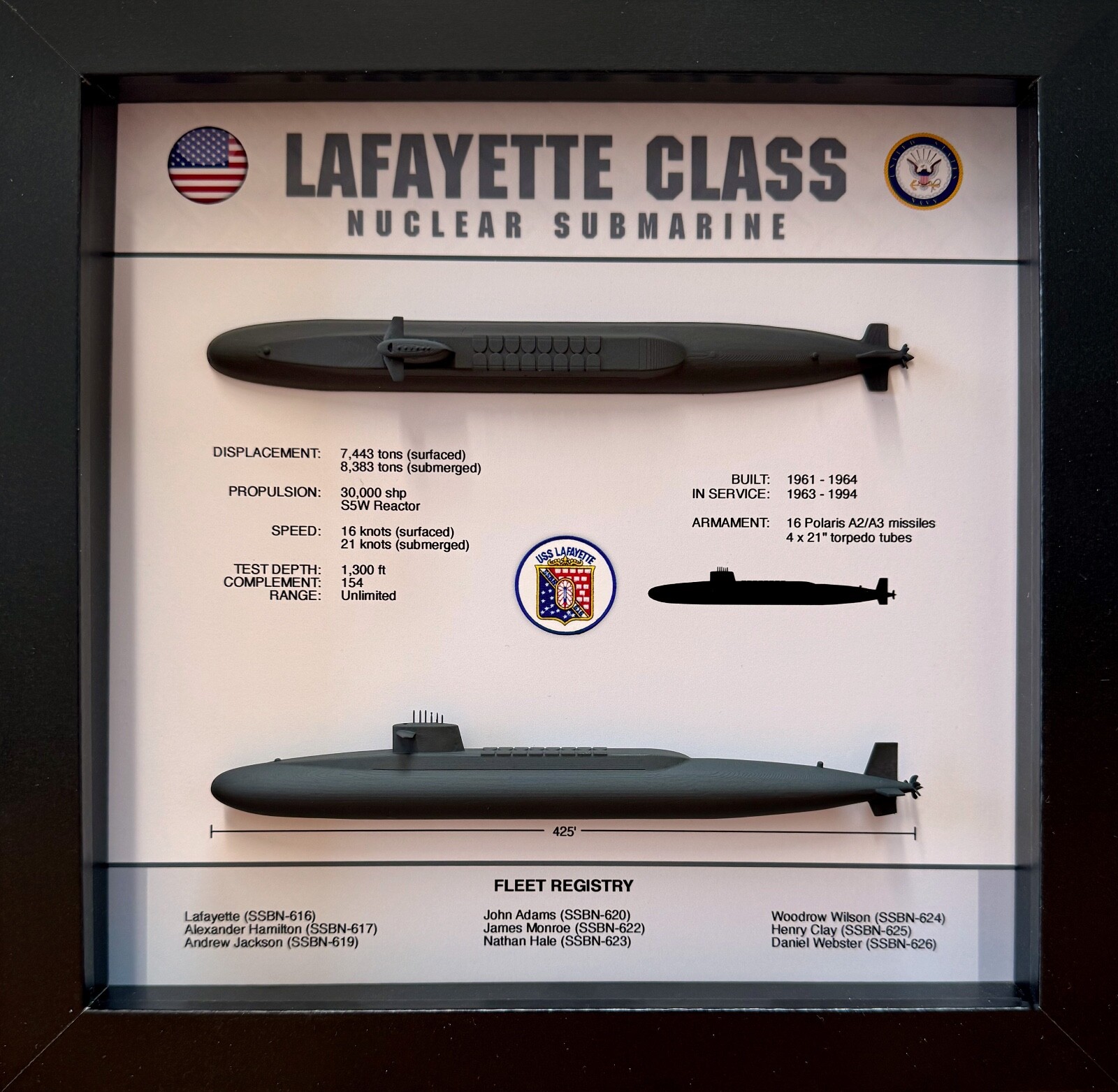 Lafayette Class Submarine Memorial Display Shadow Box, 9\ Lafayette Class Submarine Memorial Display Shadow Box, 9\
