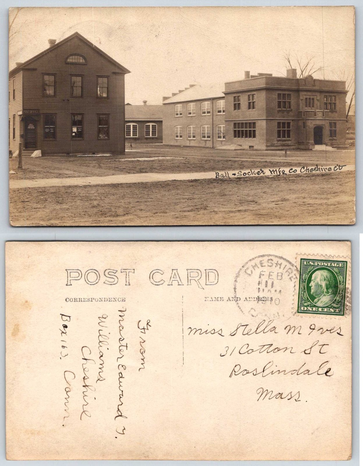 Cheshire Connecticut Ball & Socket Mfg Co Post Office West RPPC Postcard AY102