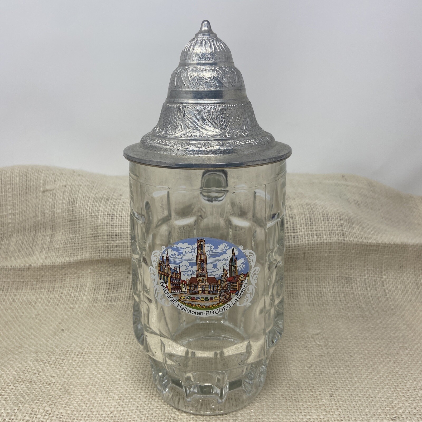 Vintage Brugge Halletoren Bruges Le Beffroi Lidded Glass Stein