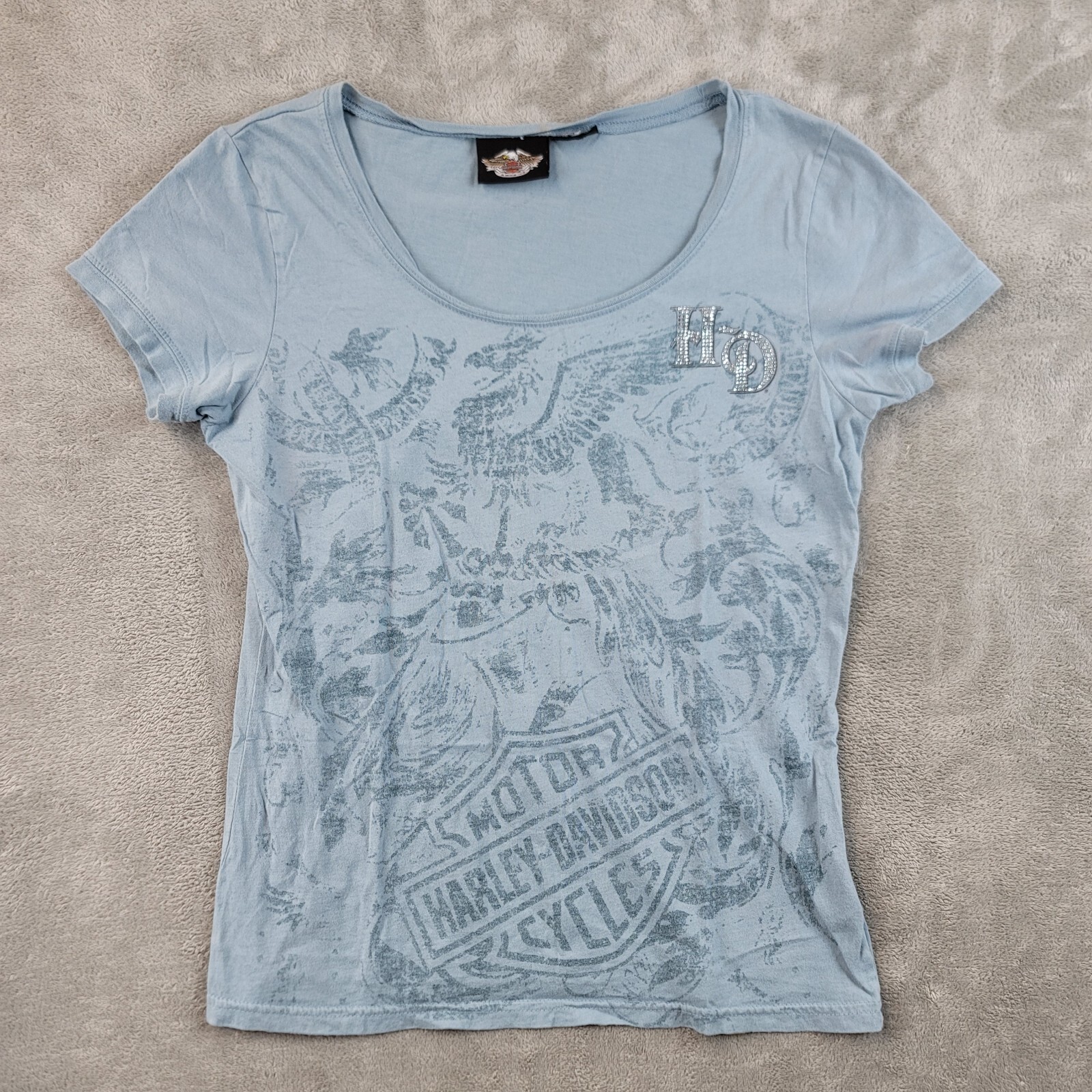 Harley Davidson t-shirt women\'s Large graphic print bling scoop neck Blue