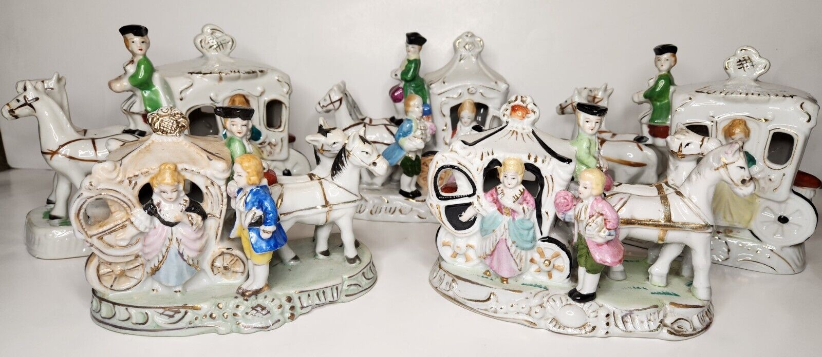 Vintage Porcelain Figurine Horse Drawn Carriage / Coach Made In Japan Lot Of 5