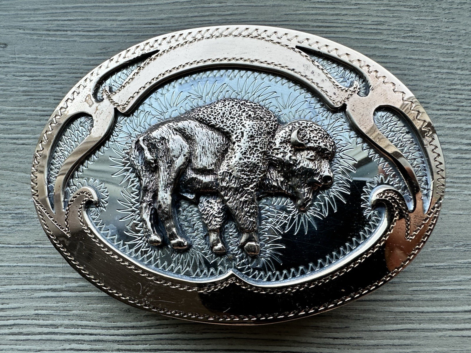 Vintage Handcrafted German Silver Colorado Star Bison Buffalo Belt Buckle