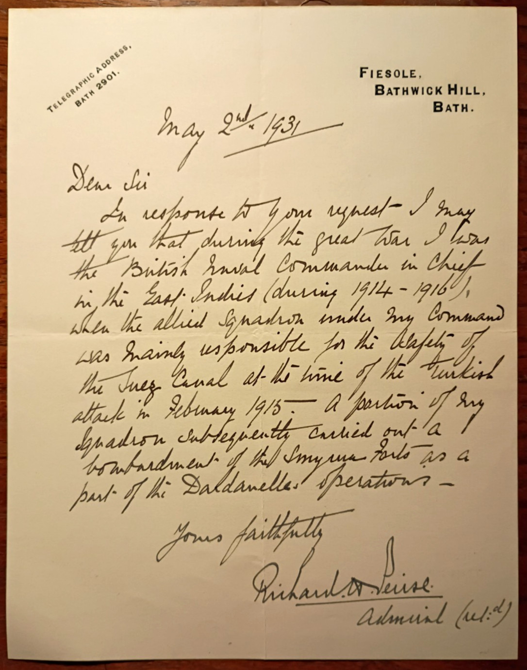Admiral Sir Richard Henry Peirse (1860-1940) Signed Letter - Smyrna, Suez Canal Admiral Sir Richard Henry Peirse (1860-1940) Signed Letter - Smyrna, Suez Canal