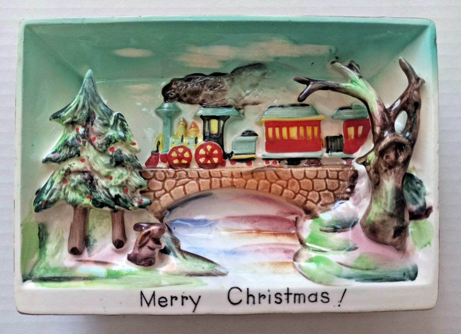 Vintage Ucagco Japan Merry Christmas Ceramic Train Standing or Wall Plaque