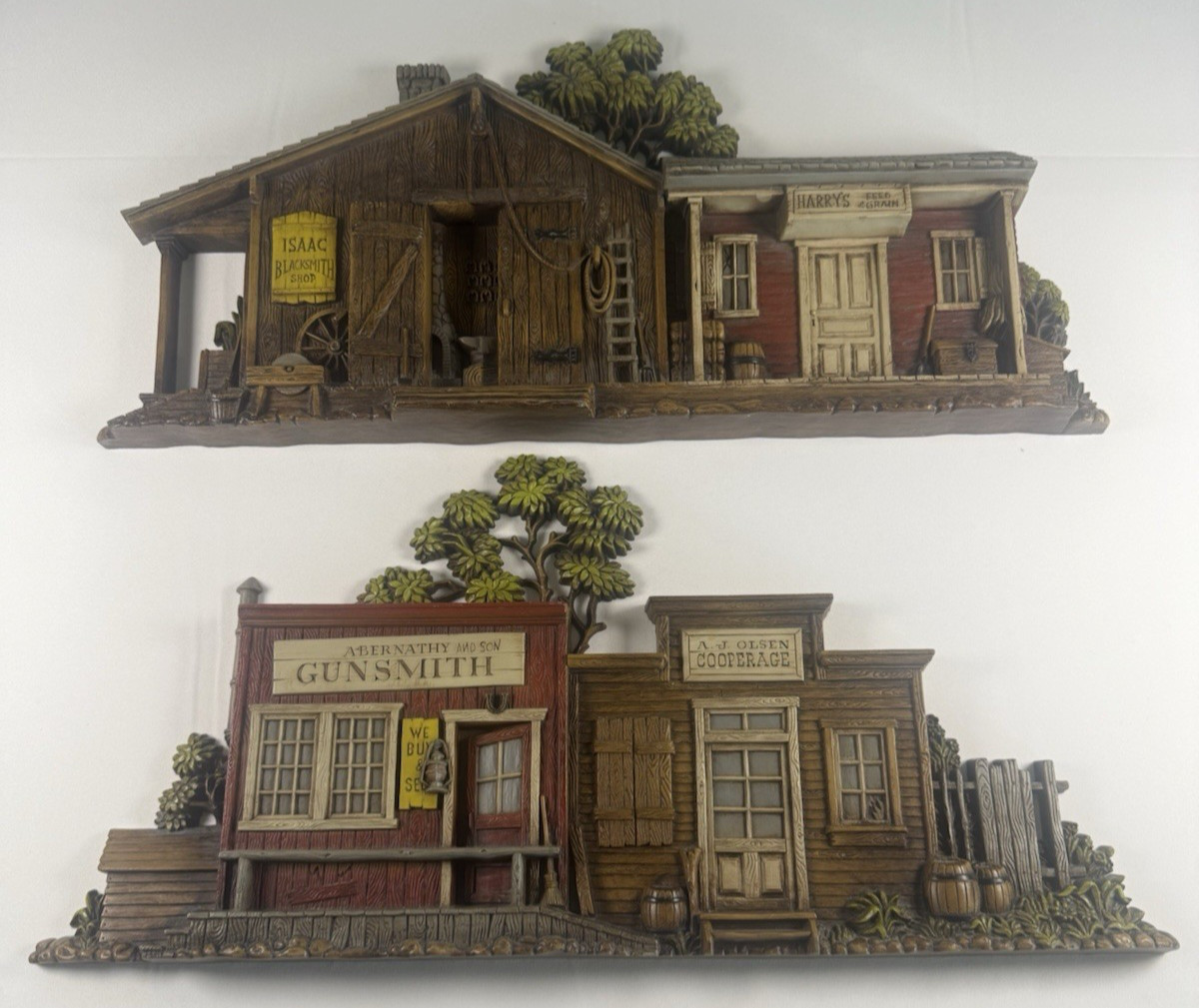 Vintage 1975 Burwood Western Town Lot Of 2 Wall Plaques Gunsmith-Blacksmith 24
