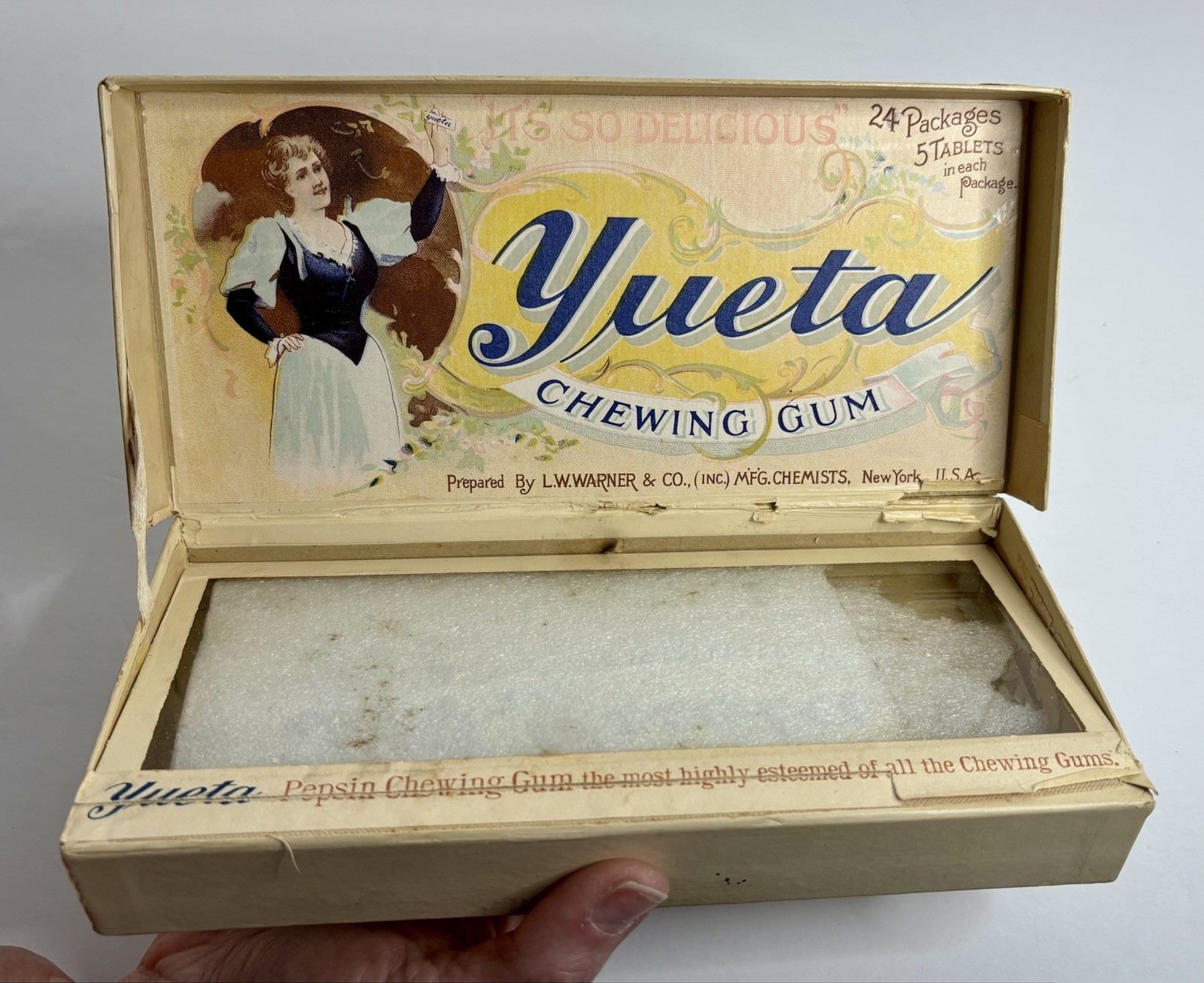 Antique Chewing Gum Display Box Pepsin 1898 Battleship Revenue Stamp Yueta