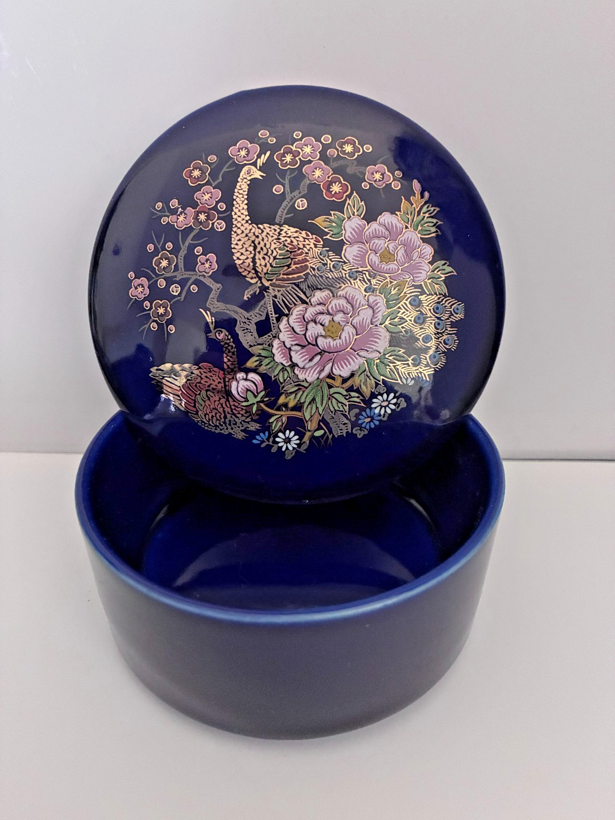 Vintage Cobalt Blue Porcelain Floral/Peacock Trinket Box - Gold Vintage Cobalt Blue Porcelain Floral/Peacock Trinket Box - Gold