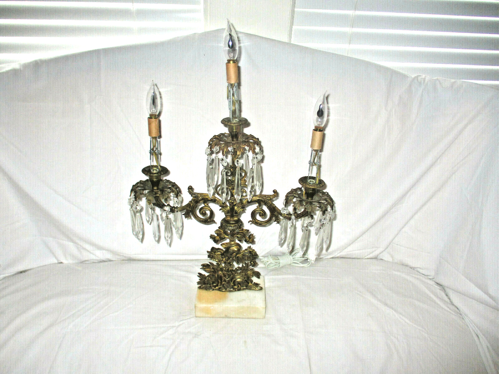 Brass Candelabra Girandole Squirrels in Tree Table Lamp Electric Prisms Antique