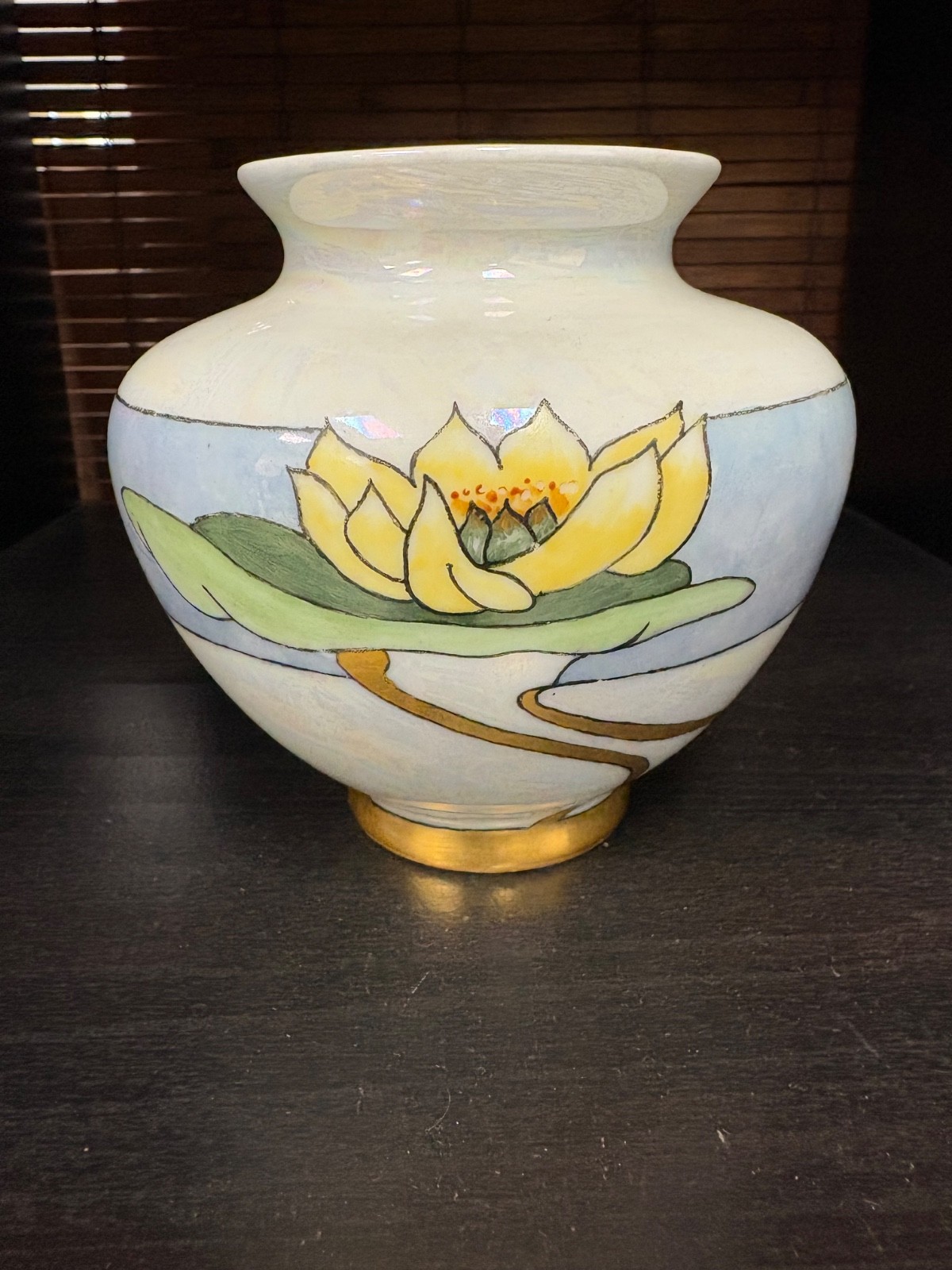 Vintage Fraunfelter Art Deco Iridescent Hand-Painted Lotus Vase, Zanesville Ohio