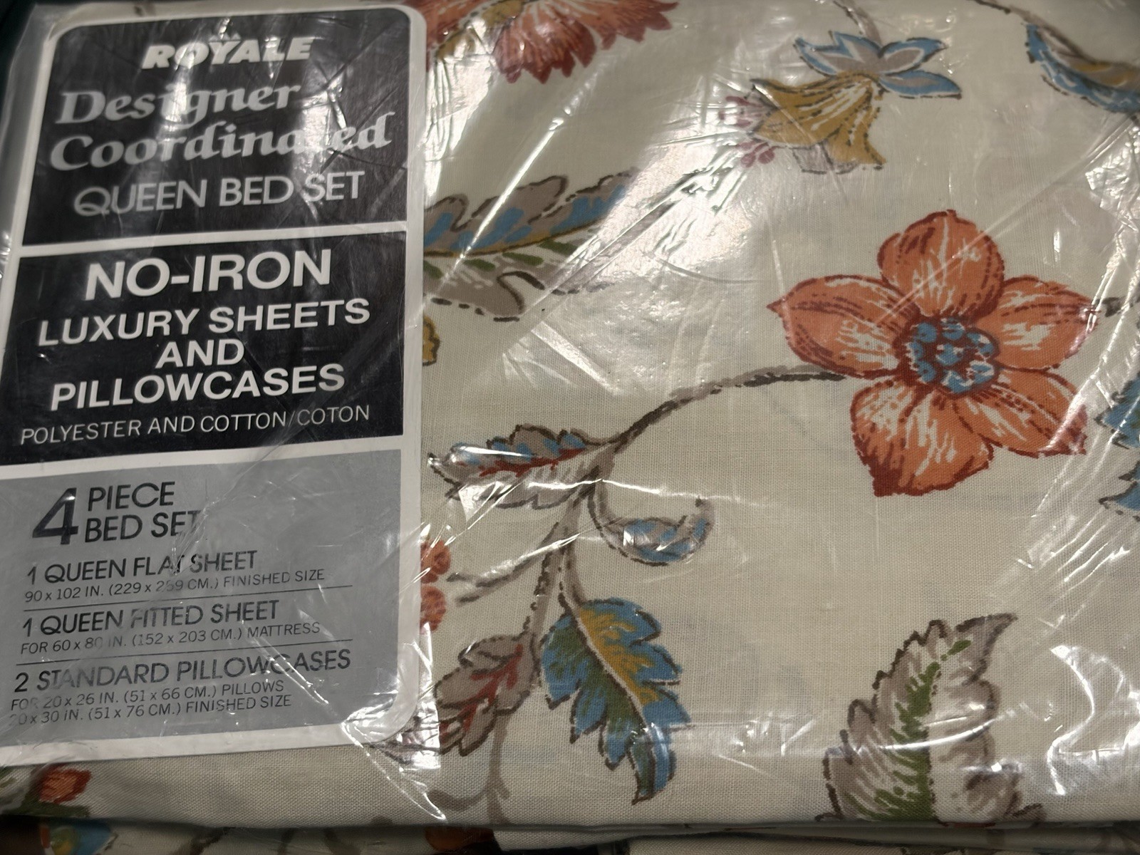 Vintage Royale Queen Bed Sheet Set Floral Flat Fitted Pillows NOS 60s 70s NEW