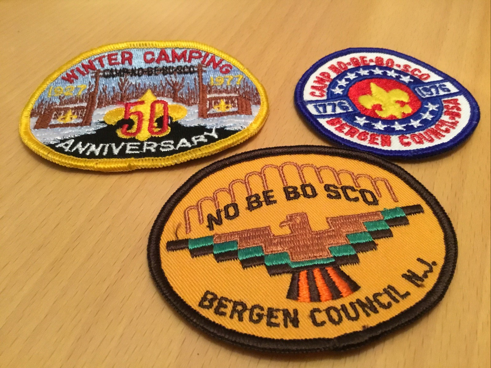 3 - Vintage 1976 1977 CAMP NO-BE-BO-SCO Boy Scout PATCH Bergen Council BSA NJ