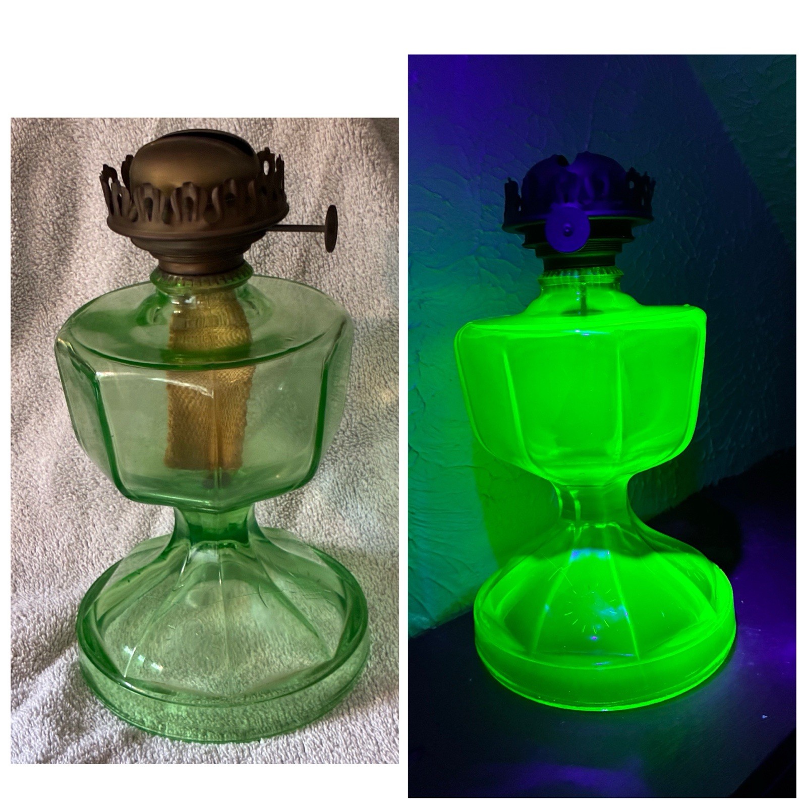 GIANT BRAND Green Uranium Glass Oil Lamp  Sun Pattern  1920-30\'s 6 Inch Base