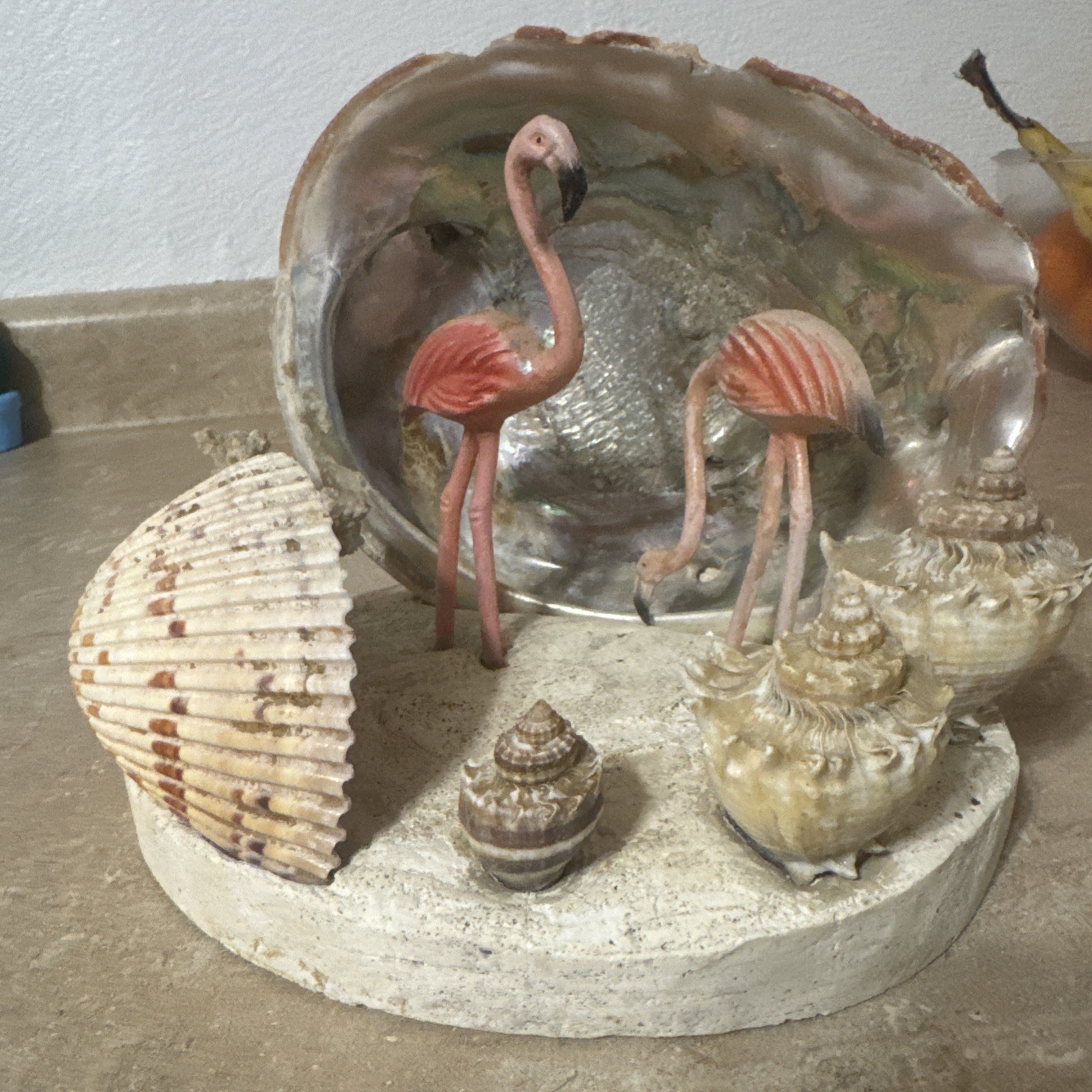 Vintage MCM Flamingo Seashell Art Sculpture 1950s Kitsch Florida Souvenir