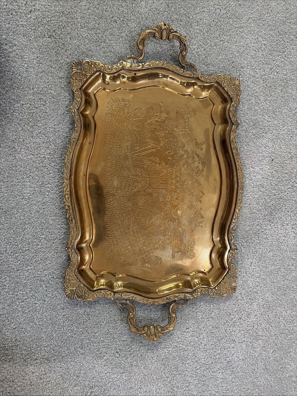Vtg Egyptian Revival Lrg Etched Pharaohs Fishing Hieroglyphs Brass Serving Tray