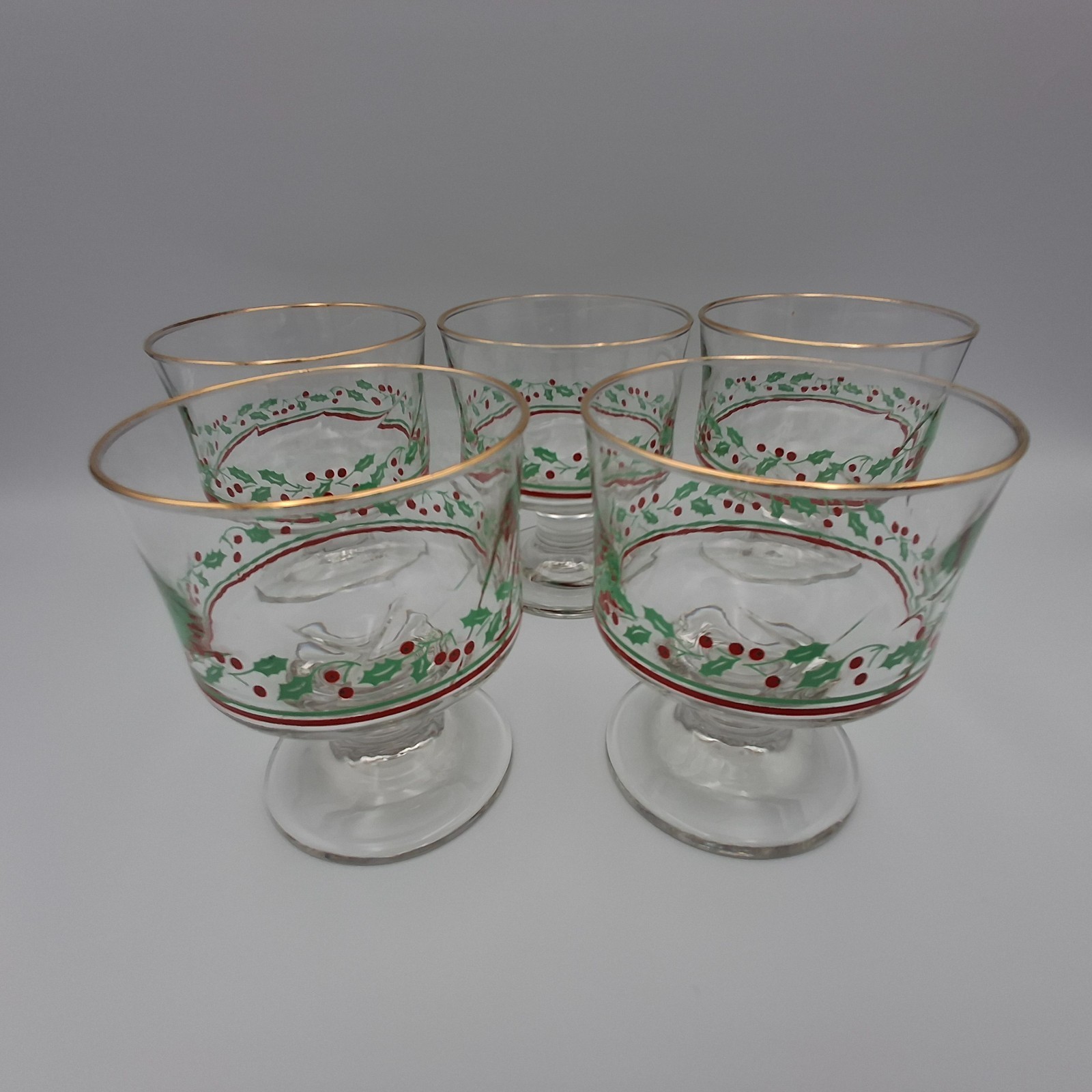 5 VTG Arby/Libbey Glass Co. Holly & Berries Footed Swirled Glass Bowls Christmas