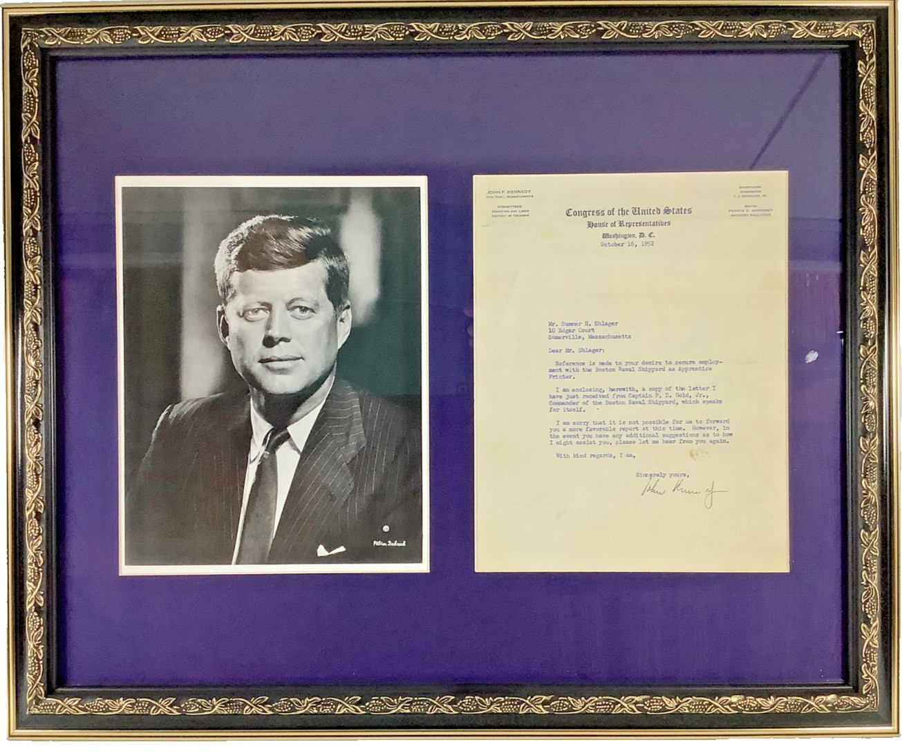 JOHN F KENNEDY PRESIDENT SIGNED LETTER PROFESSIONALLY FRAMED MATTED 22.5 x 19