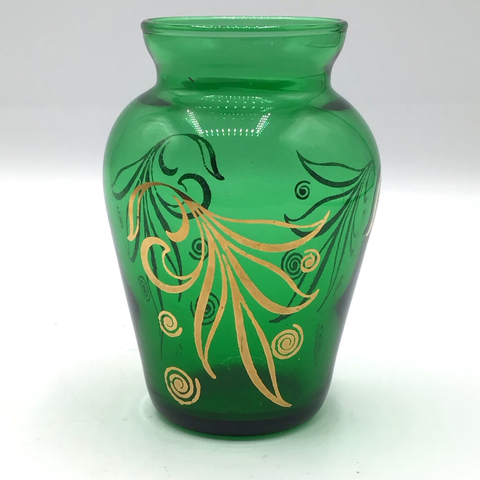 Anchor Hocking Green Mini Glass Vase Gold Trim