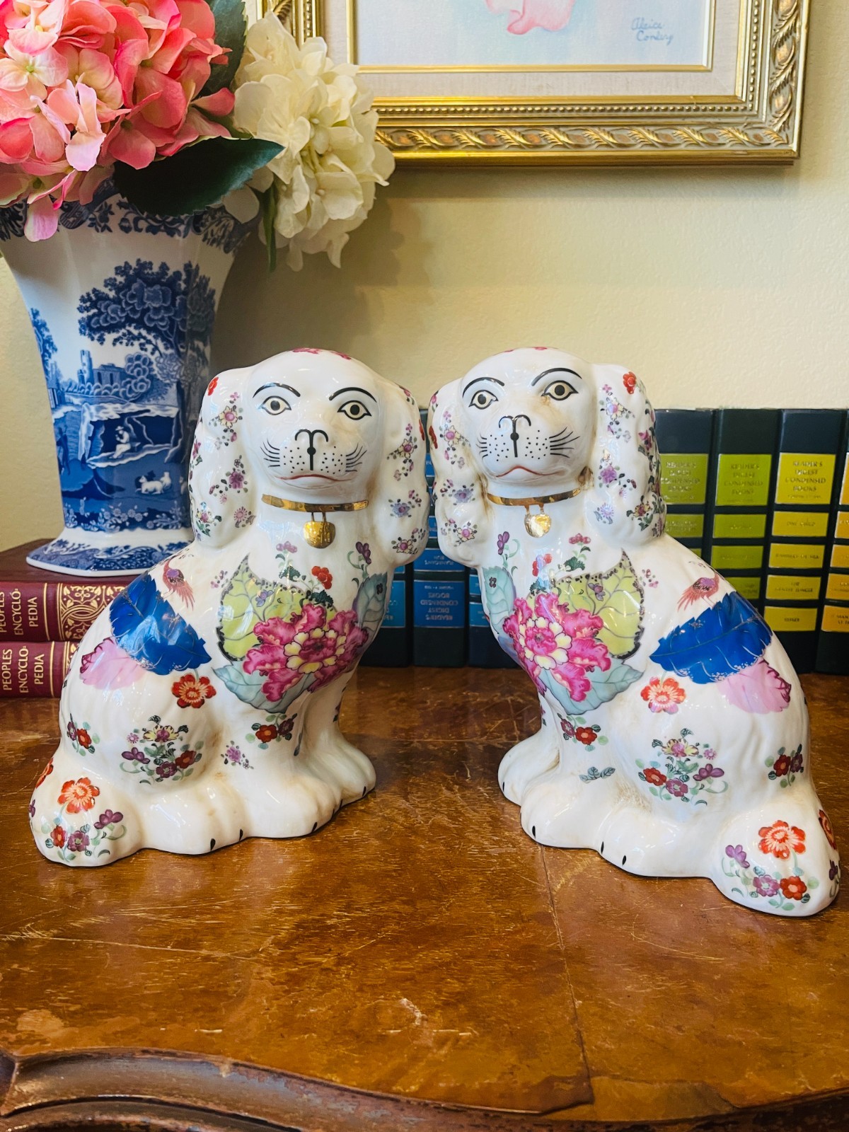 Large Pair Staffordshire Style Tobacco Leaf Porcelain Dogs