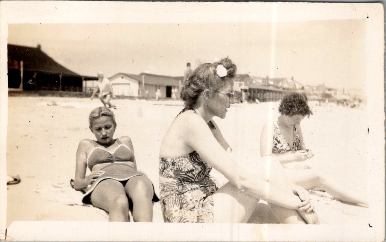 1940s Beach Snapshot Three Women Bathhouses Coastal 1940s Beach Snapshot Three Women Bathhouses Coastal