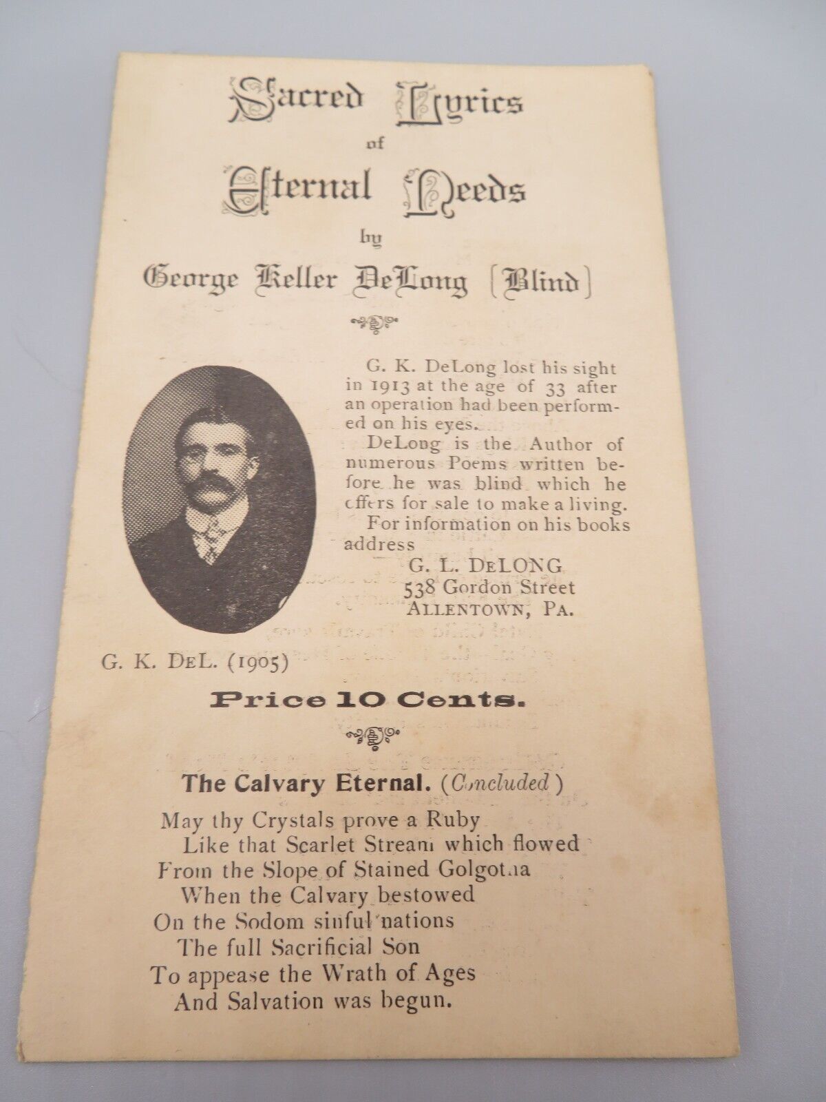 George K. DeLong (Blind) Allentown, PA Sacred Lyrics Fold Out Postcard