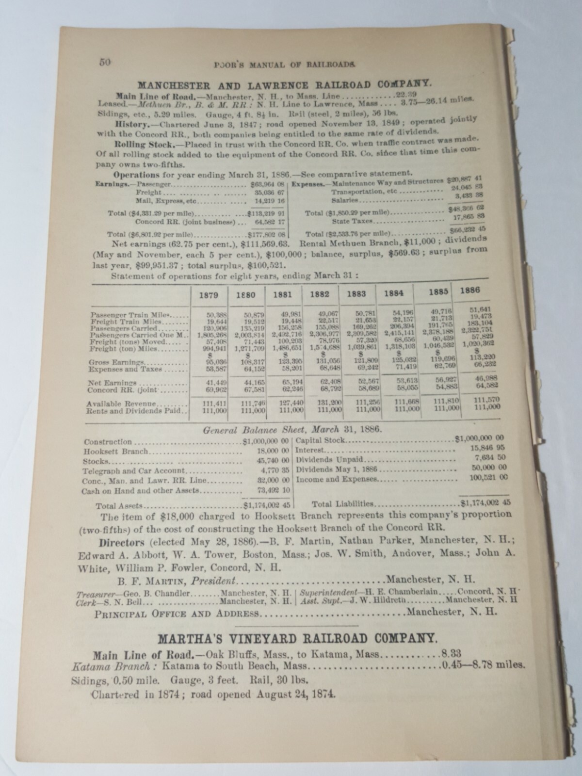 1887 train document MANCHESTER & LAWRENCE RAILROAD New Hampshire Methuen Mass