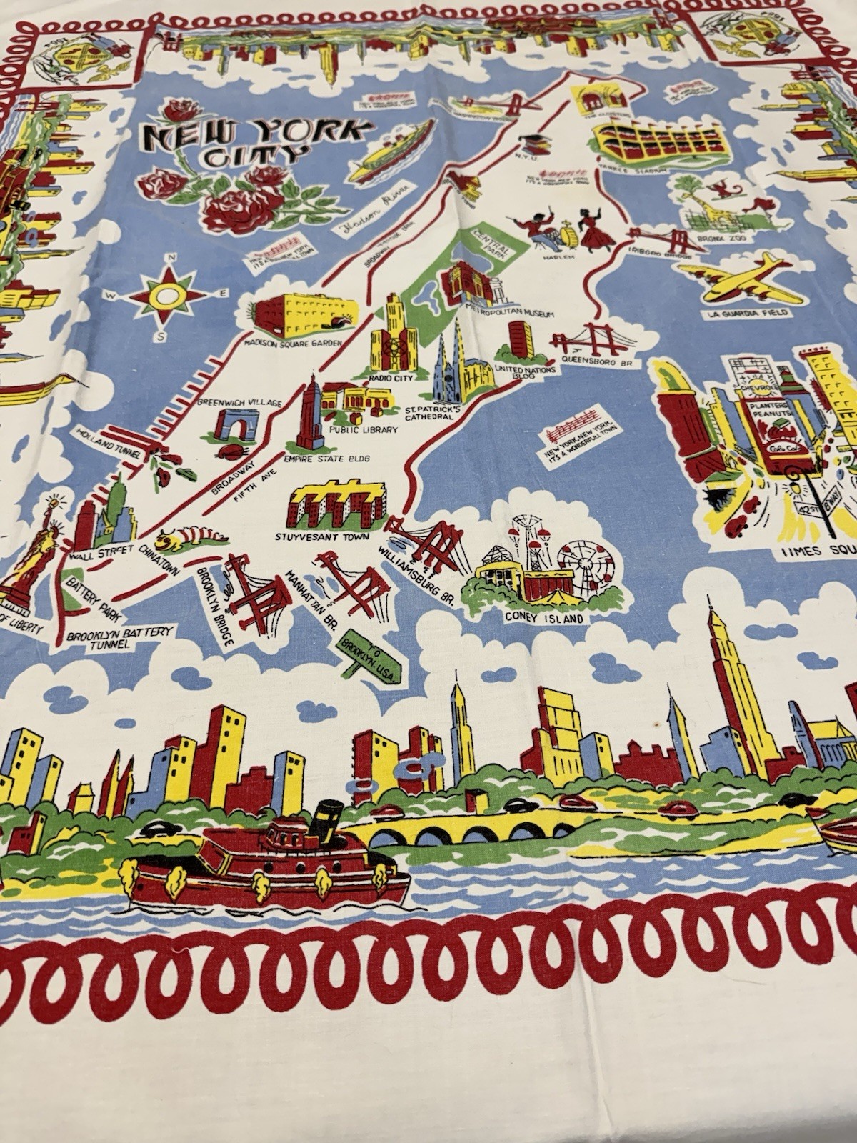 Vintage New York City Cotton Tablecloth 50s 60s Souvenir Map Landmarks