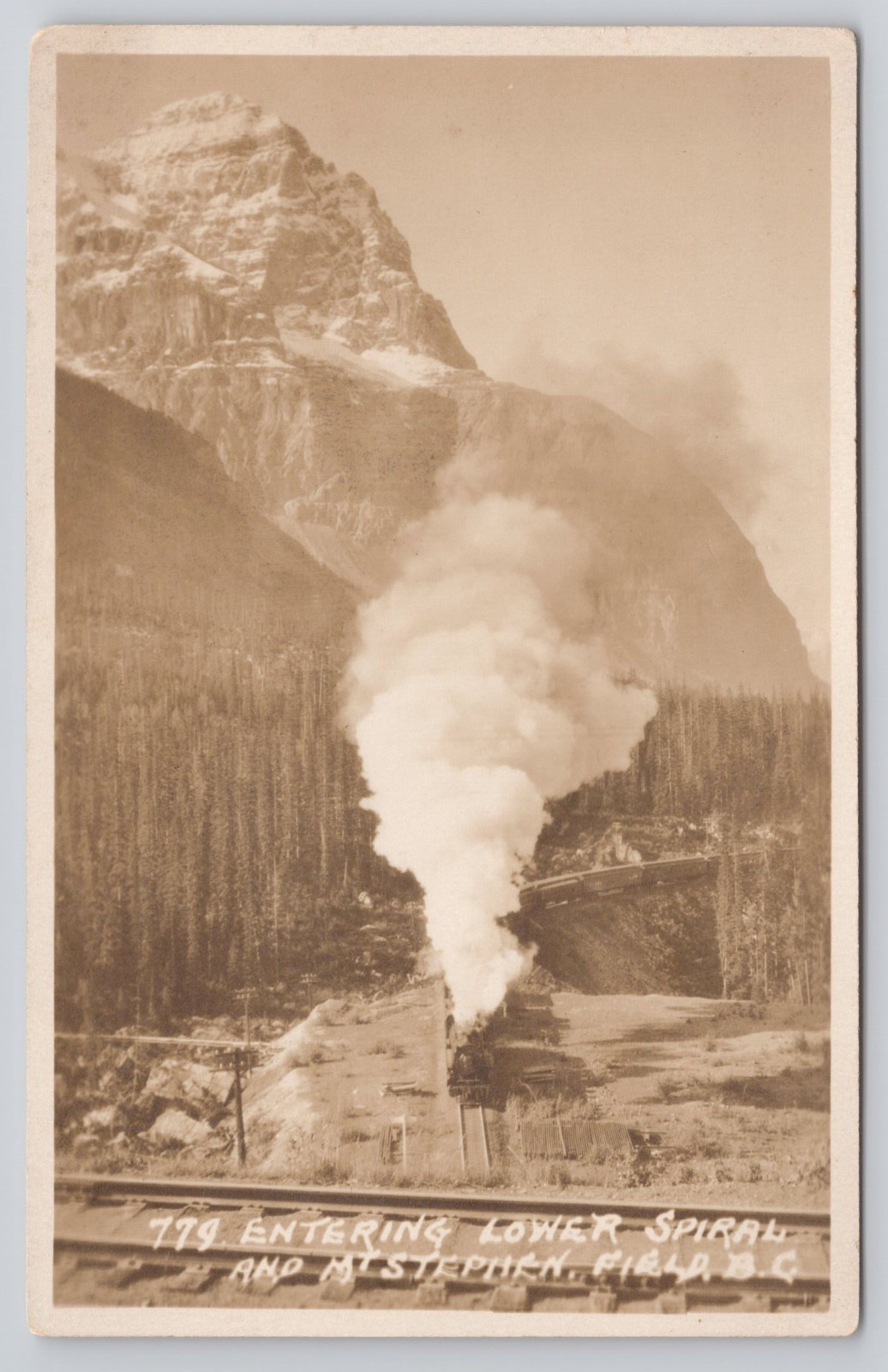 RPPC Locomotive Train Entering Lower Sprial Mount Stephens B.C. Canada Postcard