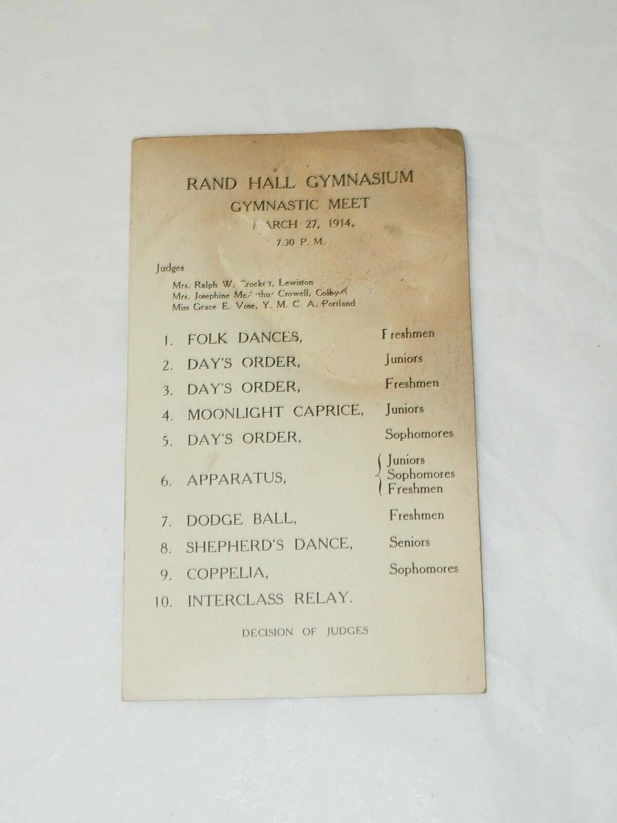 ORIGINAL 1914 RAND HALL GYMNASIUM GYMNASTIC MEET PROGRAM SCHEDULE ORIGINAL 1914 RAND HALL GYMNASIUM GYMNASTIC MEET PROGRAM SCHEDULE