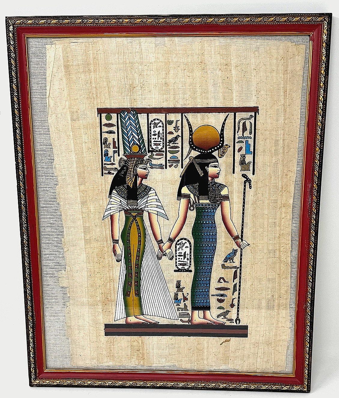 Framed Orig. Egyptian Papyrus Hand Painted Ladies Artwork Ancient Hieroglyphics