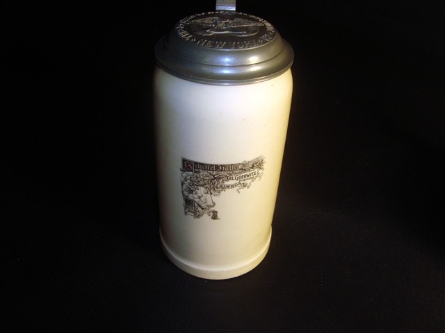 Circa 1900 Hupfel Brewing Lidded Stein, Carl Goerwitz, Scheffel Hall, New York
