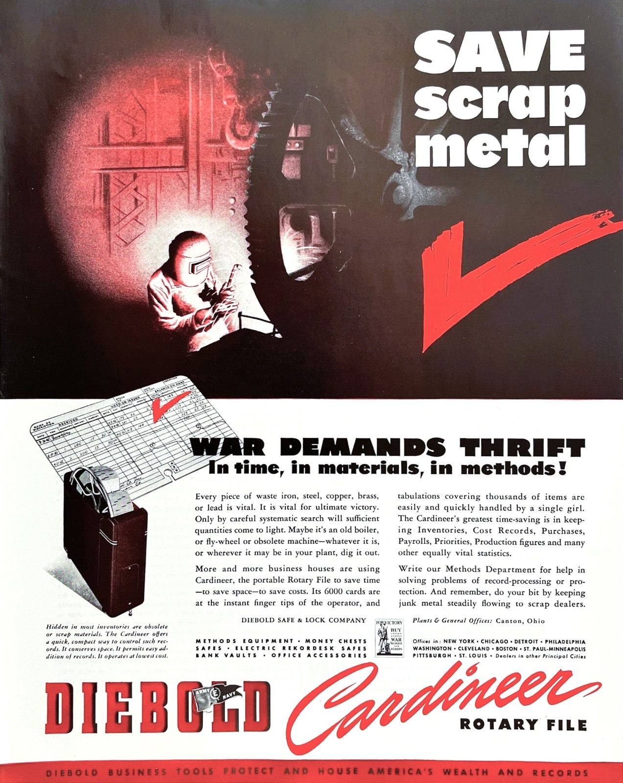 Diebold Cardineer Rotary File Save Scrap Metal WWII 1942 Fortune Mag Print Ad