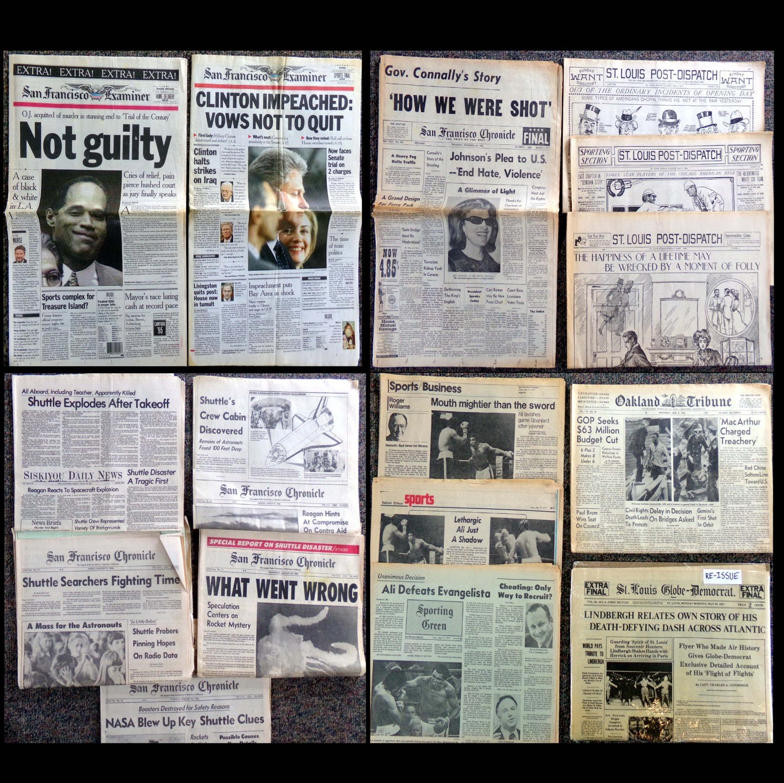 Vintage Newspaper Lot 1904-1998 OJ Verdict Shuttle Crash JFK Clinton Ali History